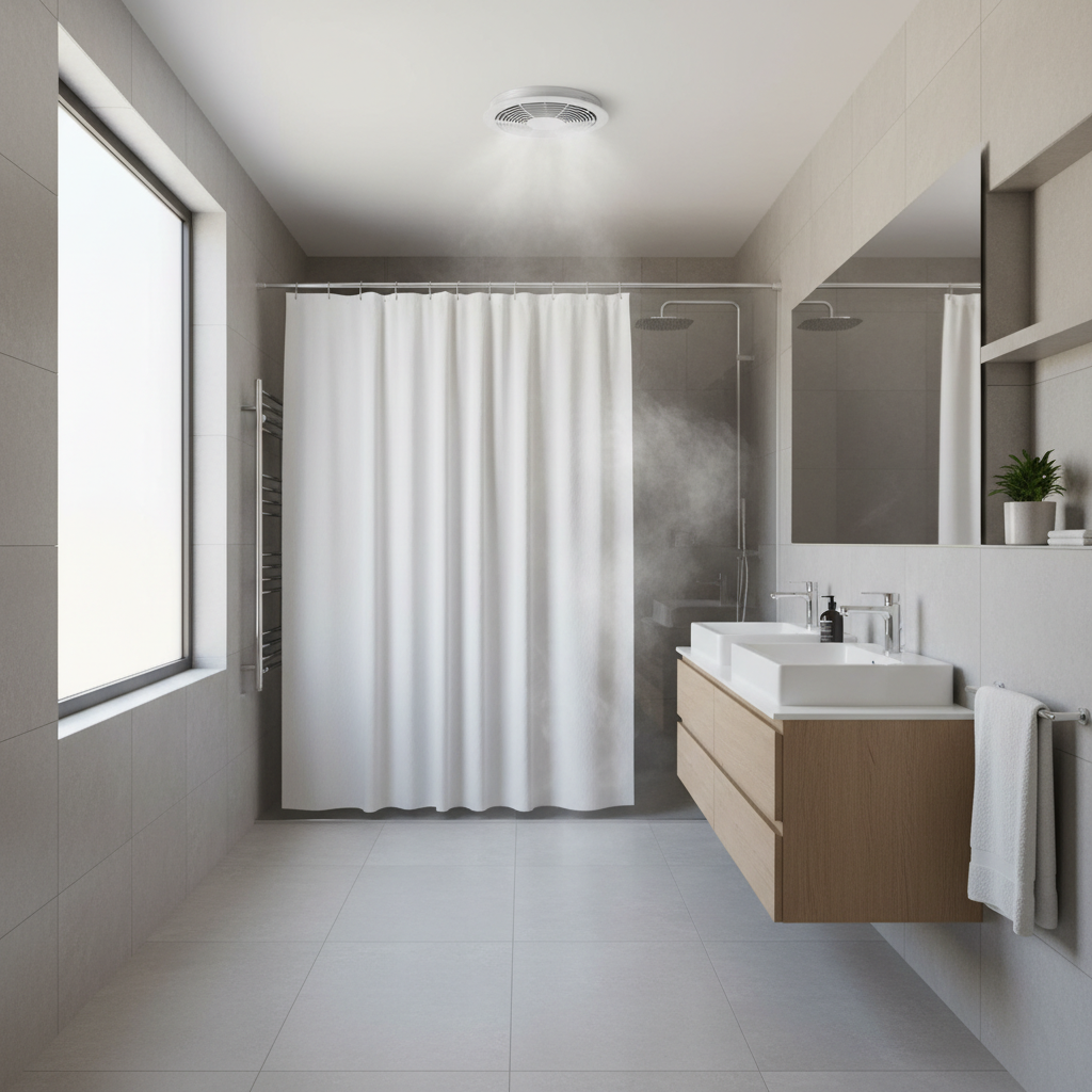 Bathroom exhaust fan running while a shower curtain dries flat to prevent mildew