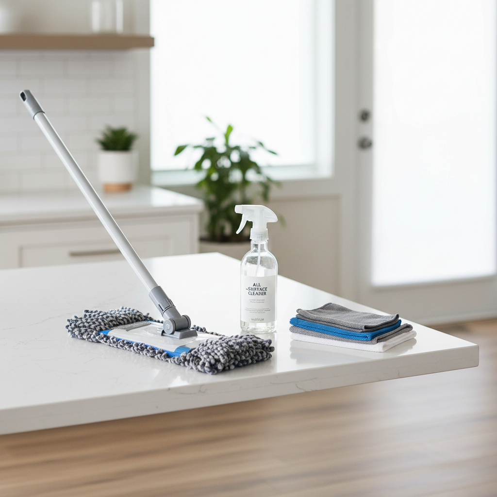 Microfiber flat mop and spray bottle for low-moisture laminate floor cleaning routine