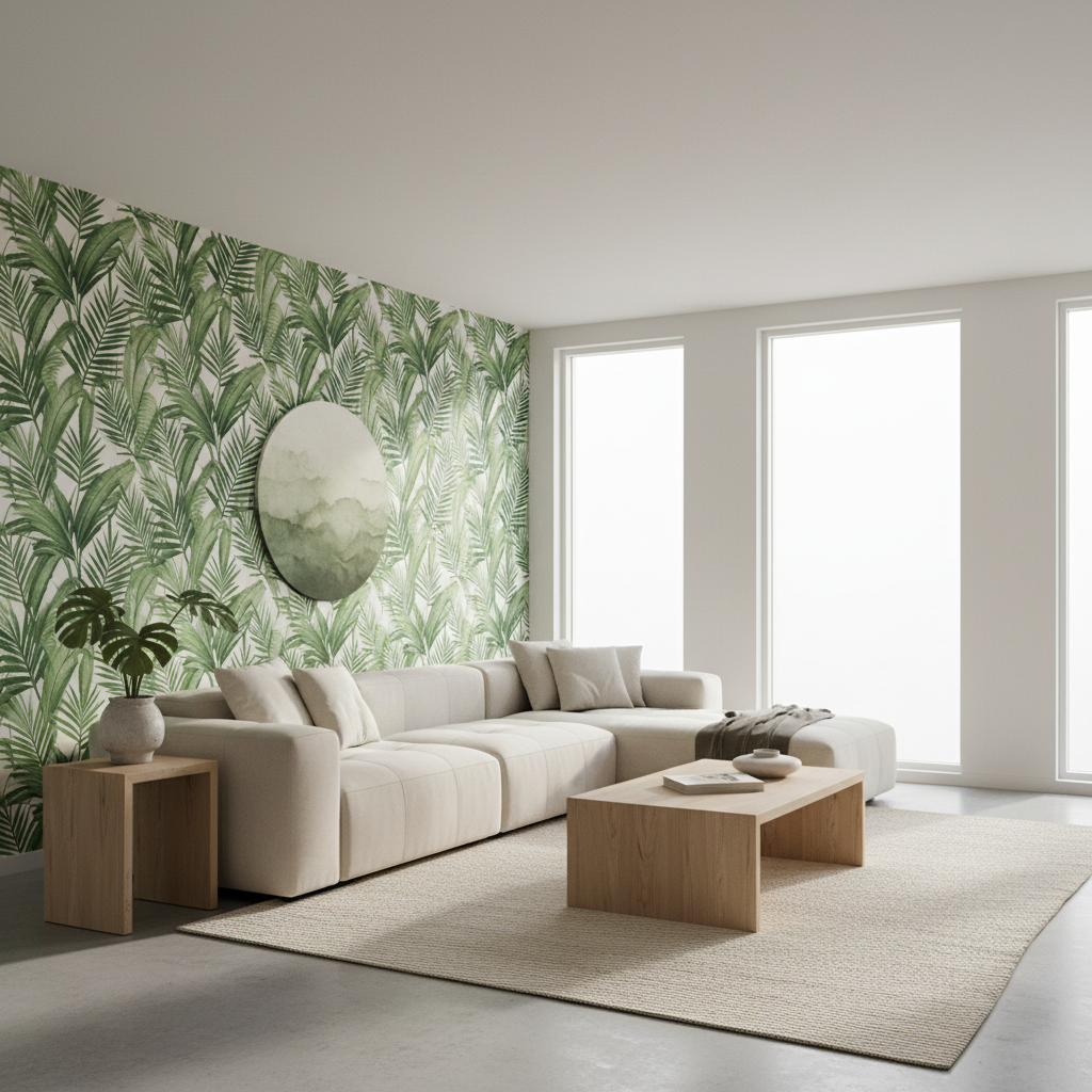 Tropical accent wall with palm wallpaper and modern neutral furniture