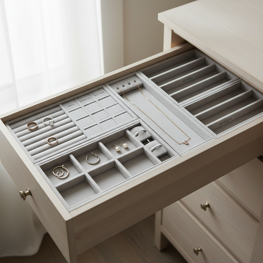 Drawer layout plan showing zones for rings earrings necklaces and bracelets using modular inserts