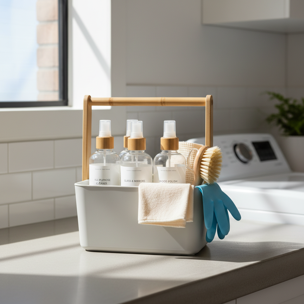 Cleaning caddy with labeled bottles for weekly cleaning routine