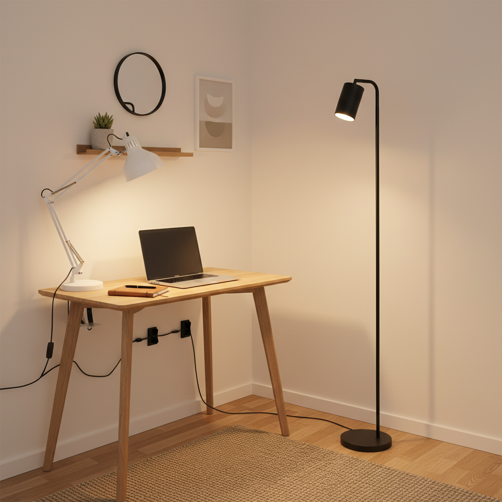 Compact apartment home office lighting setup with floor lamp and clamp task lamp