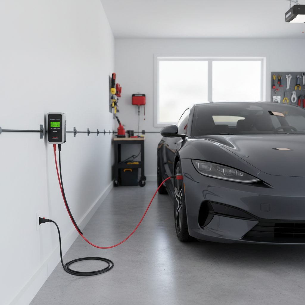 Simple garage setup showing safe cable routing for a battery maintainer