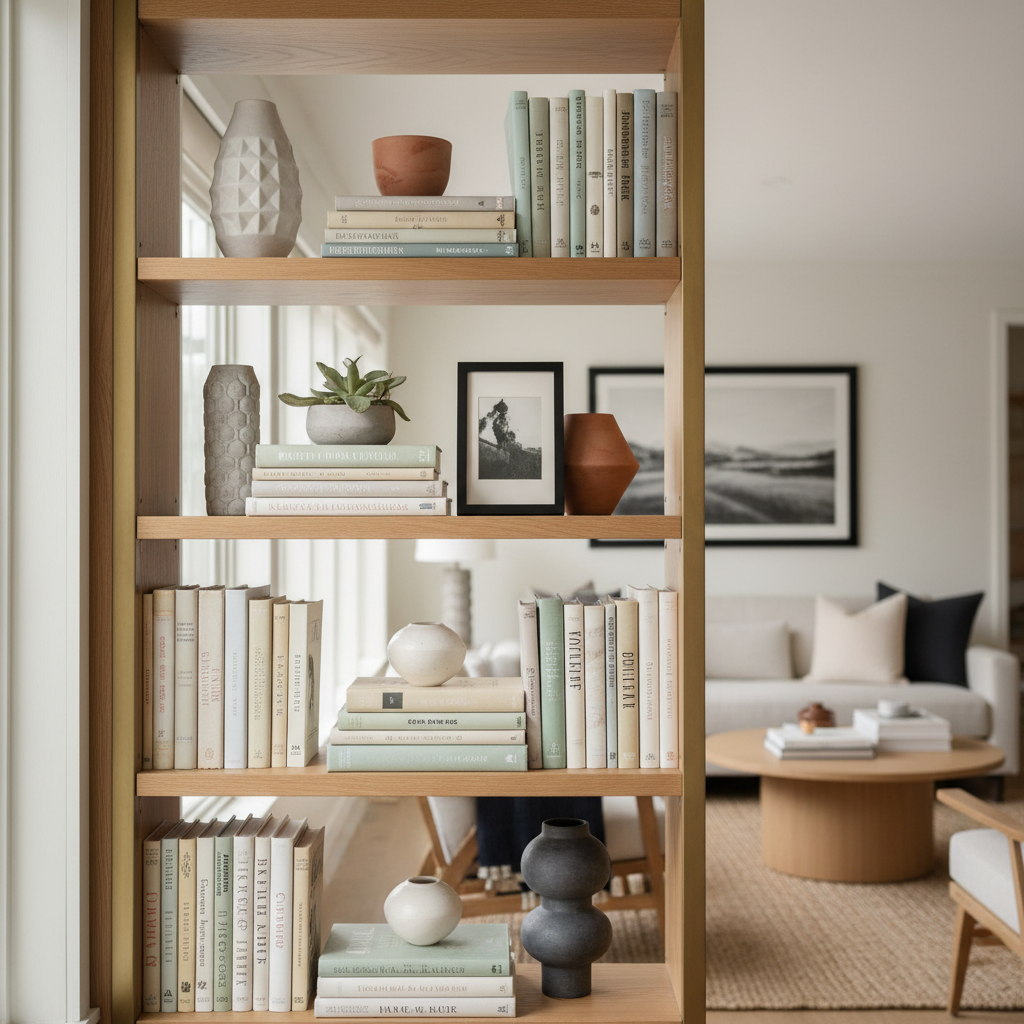 Styled bookshelf with mixed vertical and horizontal book stacks and simple decor