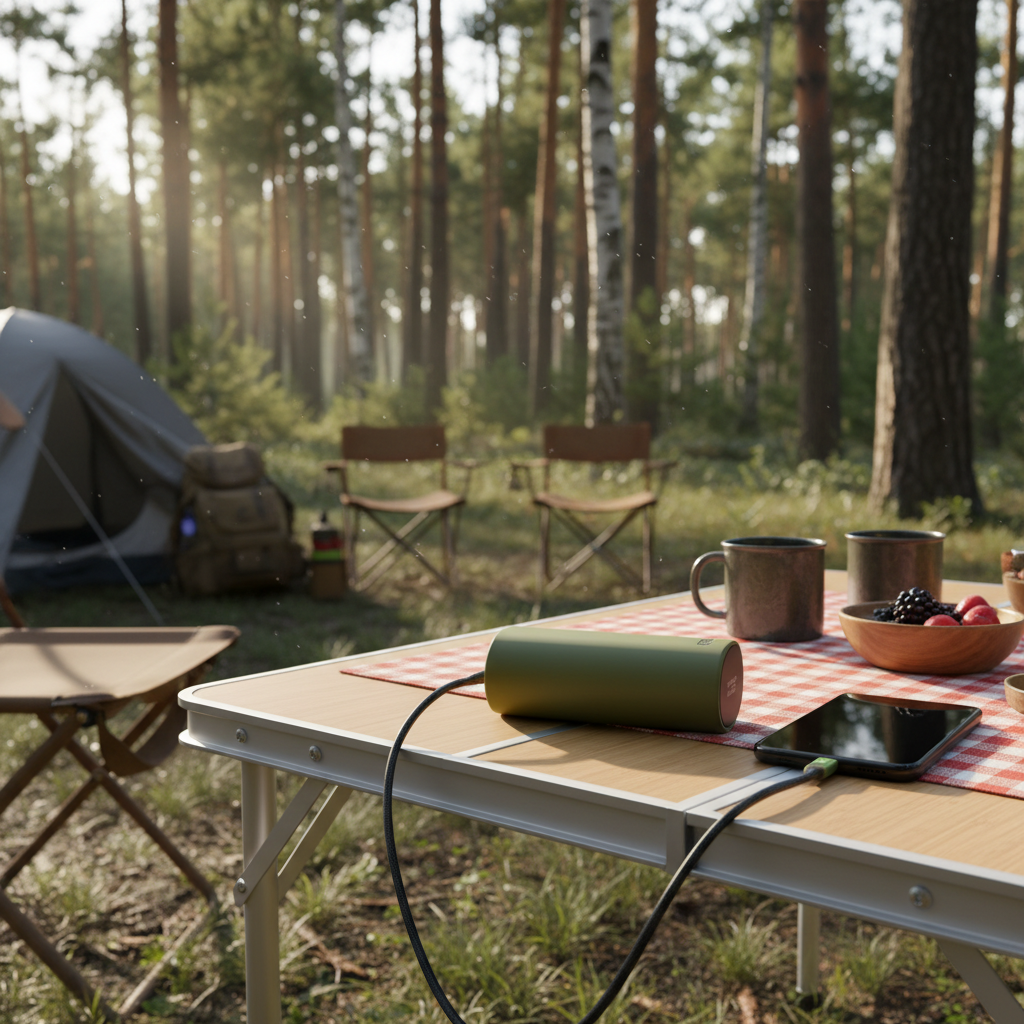 Budget portable charger powering a phone at a campsite picnic table