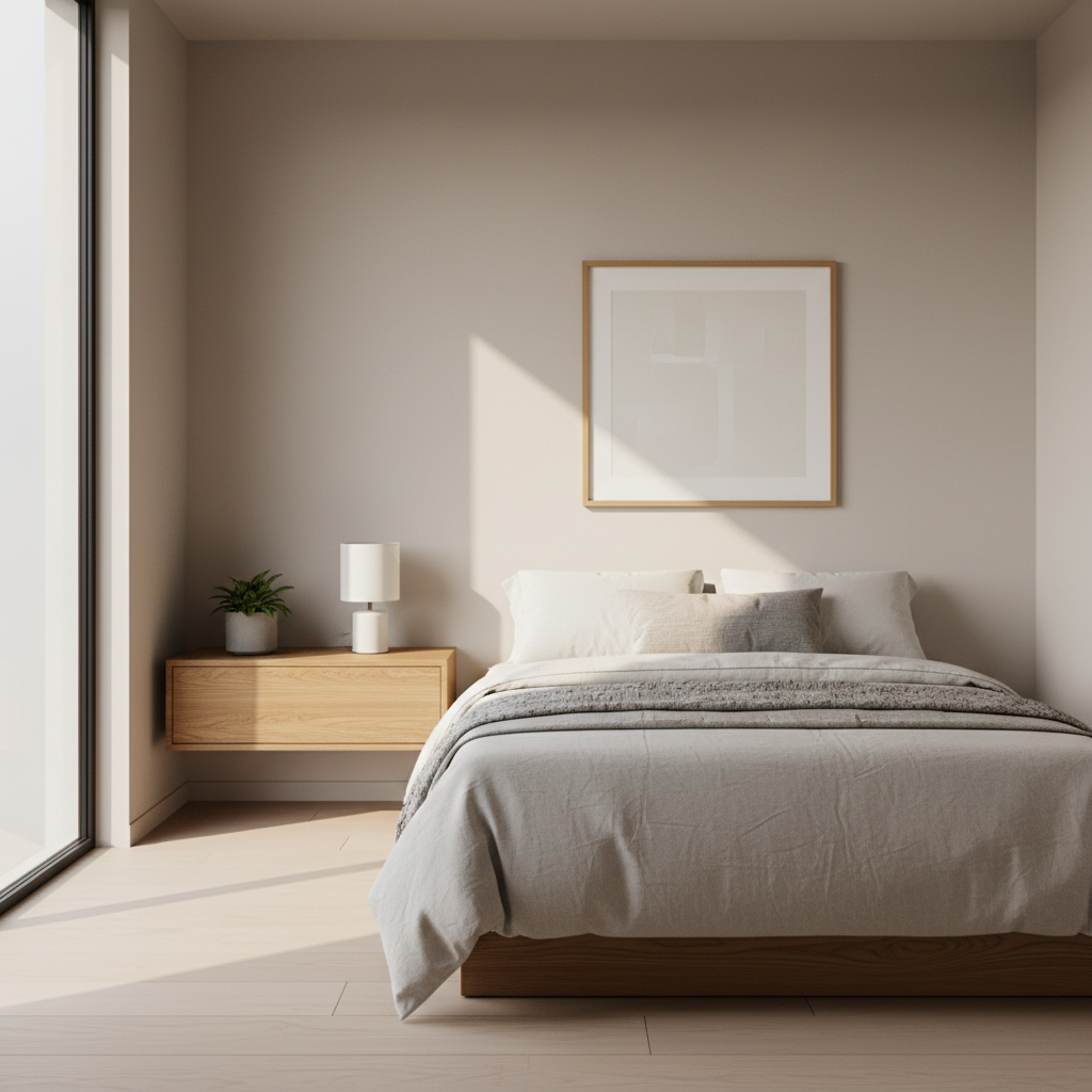 Floating wooden nightstand mounted beside a bed in a small bedroom