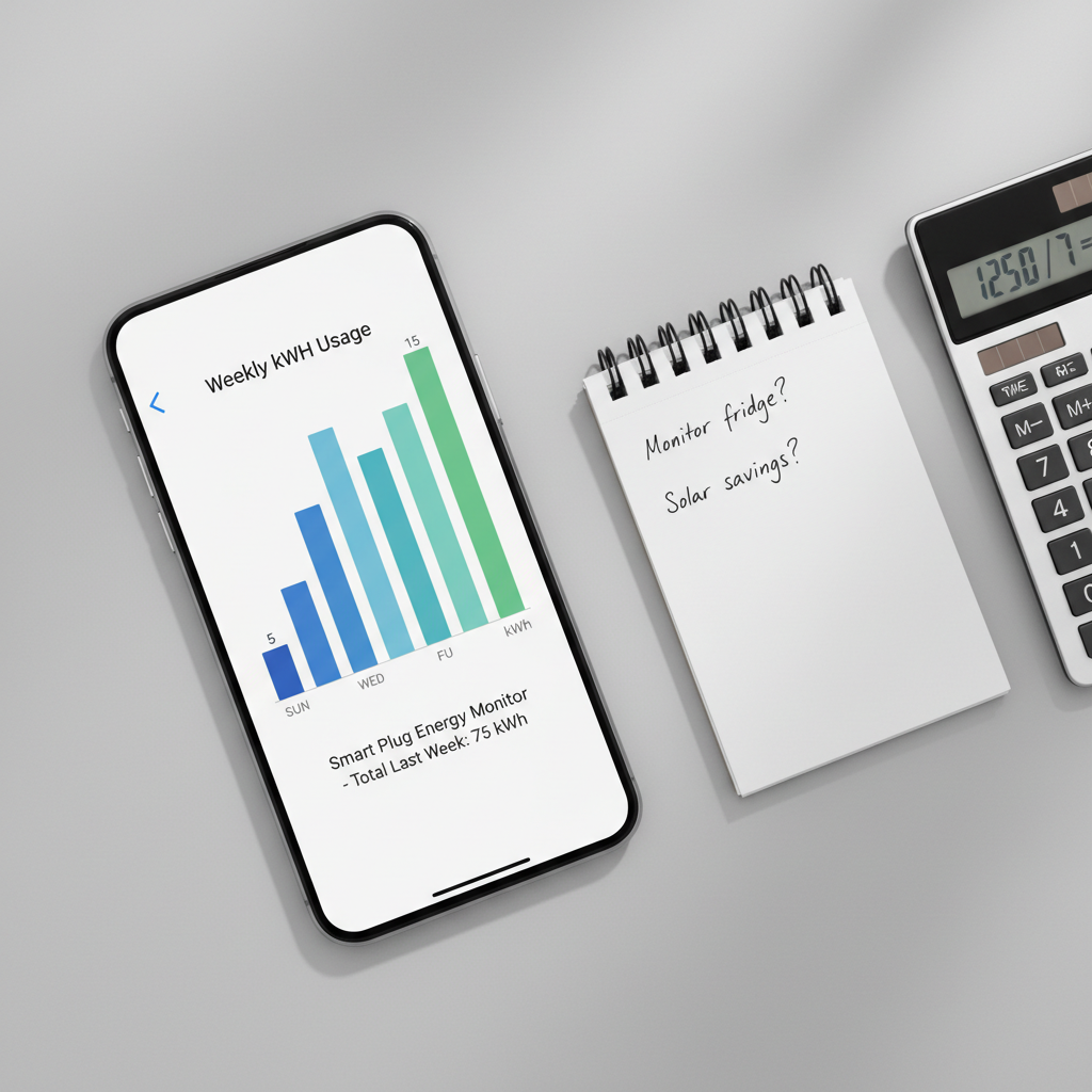 Energy monitoring smart plug report with weekly kWh chart used to estimate electricity cost