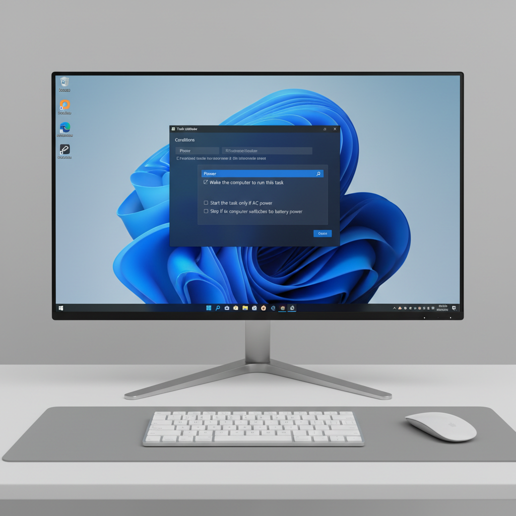 Windows Task Scheduler conditions tab showing Wake the computer option