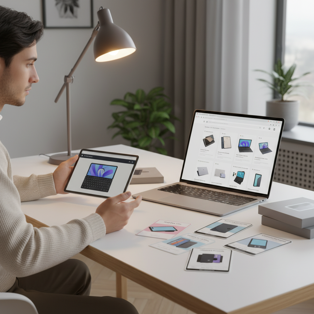 Person comparing tablet keyboard case options on an online shopping page