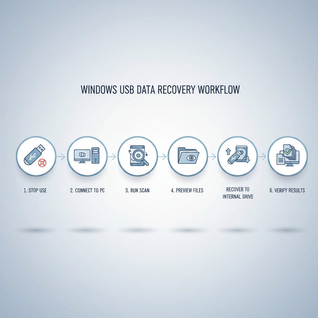Step-by-step USB data recovery workflow on Windows with safe recovery destination