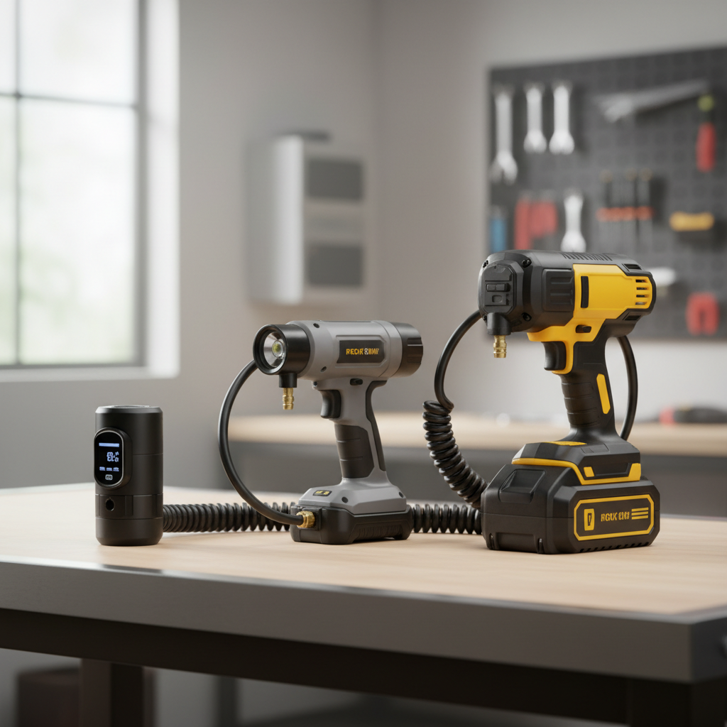 Portable cordless inflators in different sizes on a garage workbench