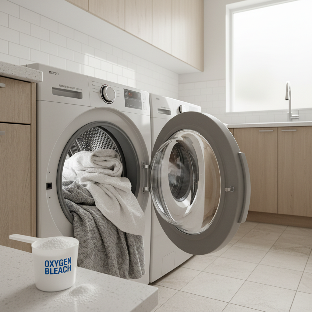 Washing a fabric shower liner with towels to help scrub mildew stains