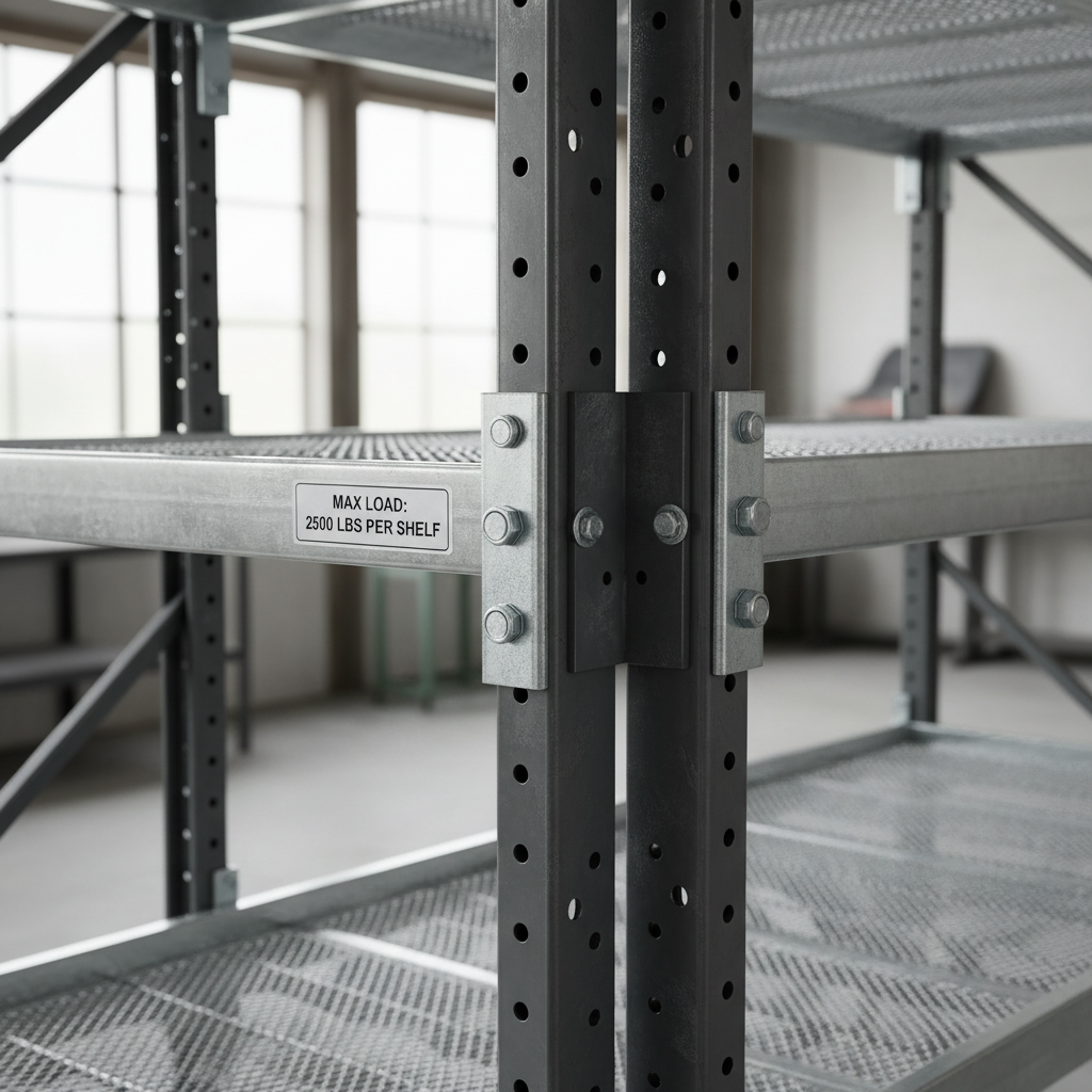 Close-up of garage shelving load rating label and adjustable steel beams