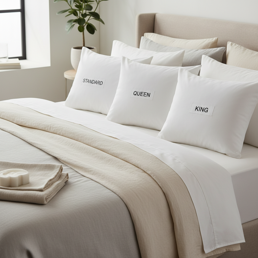 Comparison of standard, queen, and king pillow widths on a bed