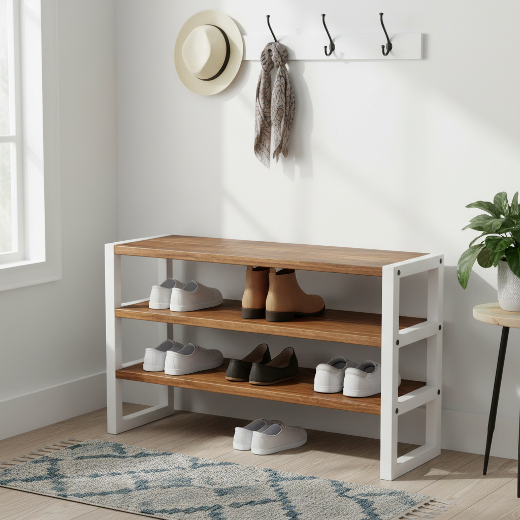 Finished DIY wooden shoe rack with painted frame and stained shelves