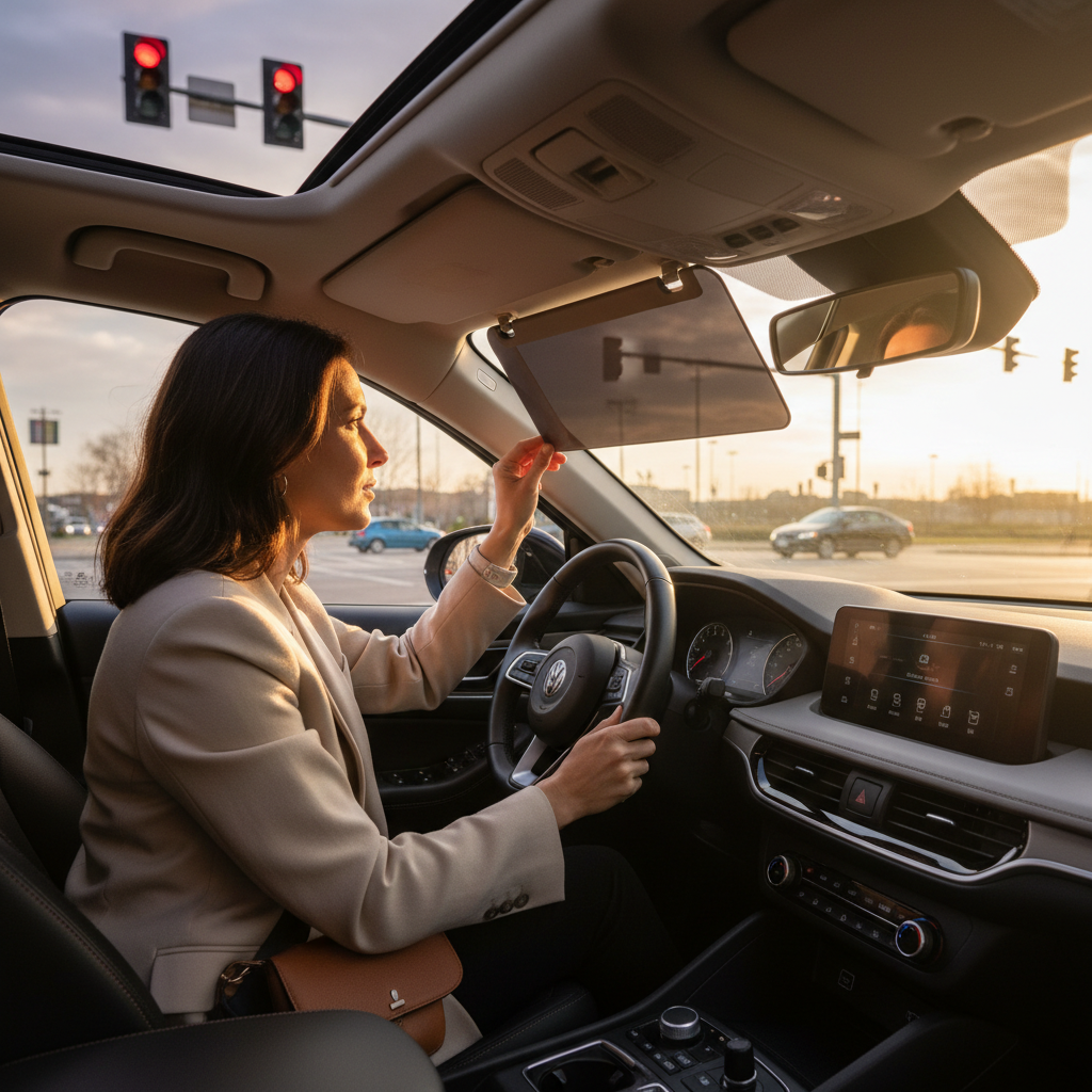 Driver checking visibility with visor extender near an intersection