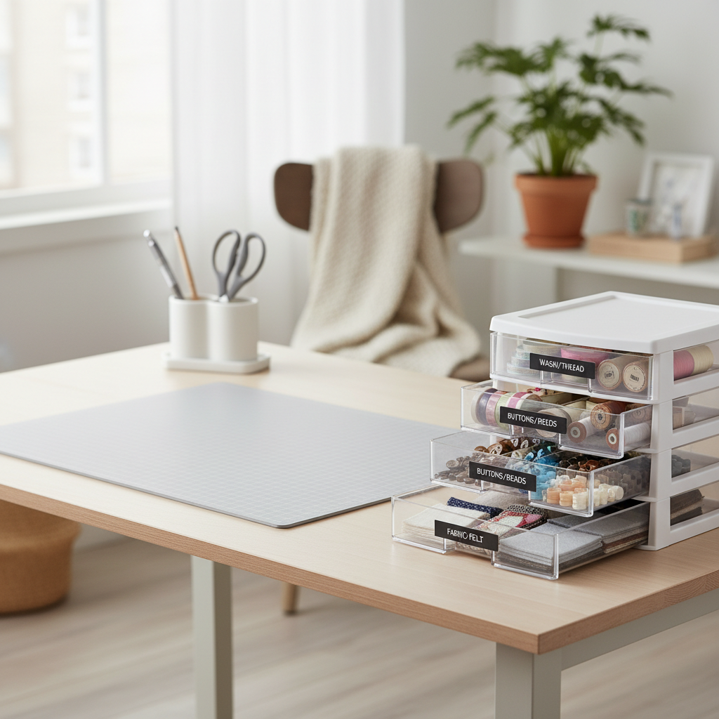 Minimal craft tabletop setup with labeled drawers and organized dividers