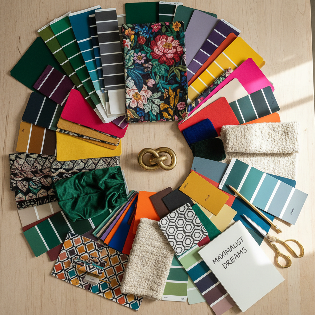 Maximalist color palette swatches with bold patterns and textures