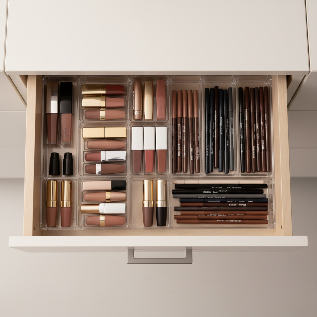 Drawer dividers organizing lip products and eye pencils in a vanity drawer