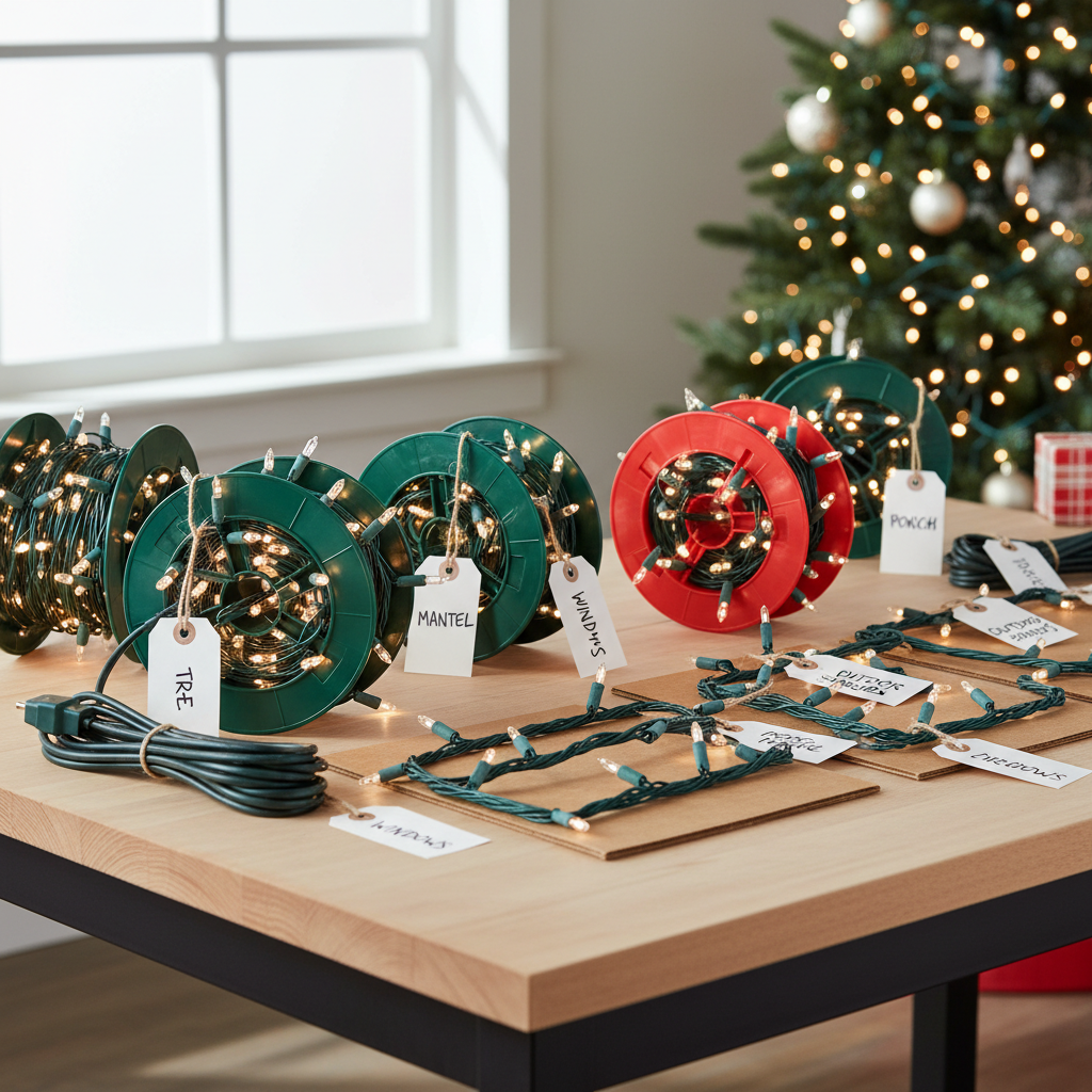 Holiday string lights neatly wrapped on organizers and labeled for storage