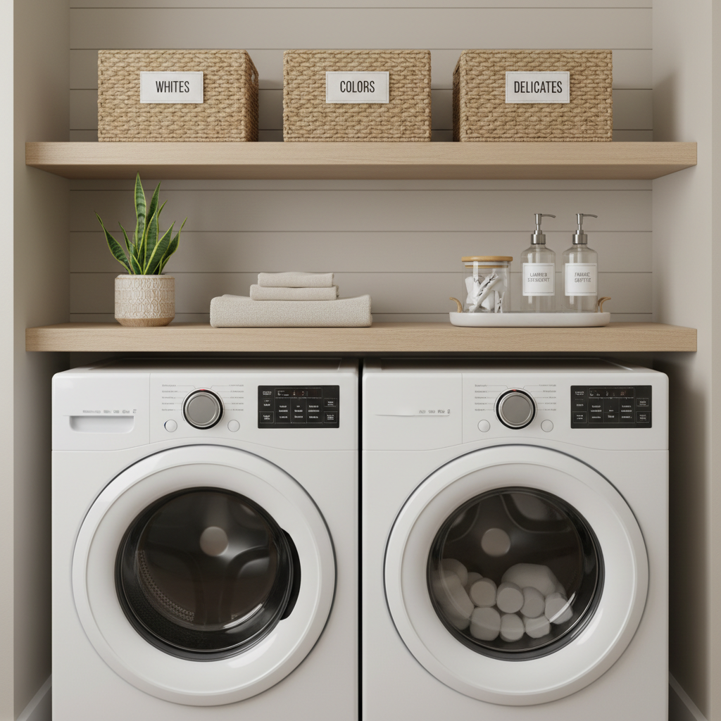 Small laundry room wall storage with floating shelves and labeled baskets