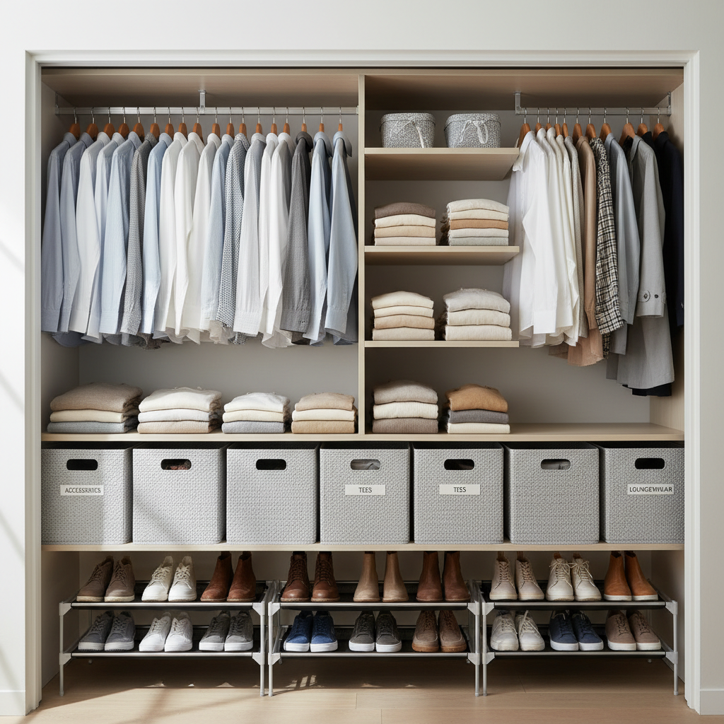 Clean, organized closet with zones for hanging clothes and bins on shelves