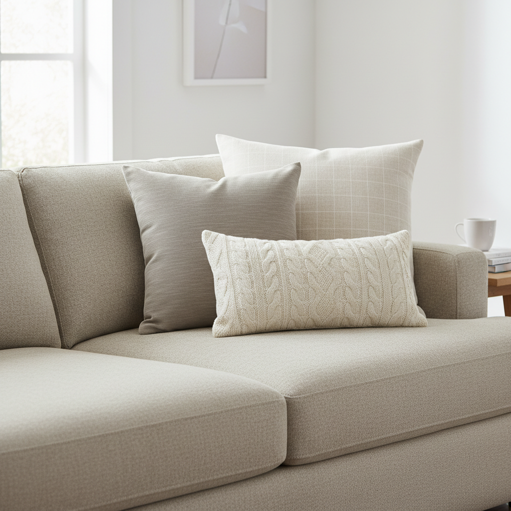 Pillow size layering guide on a sectional: 22x22 behind 20x20 with a lumbar pillow