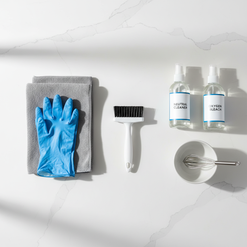 Simple grout cleaning checklist with tools like brush, microfiber cloth, gloves