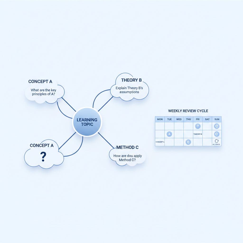 Mind map study workflow showing recall questions and spaced review schedule