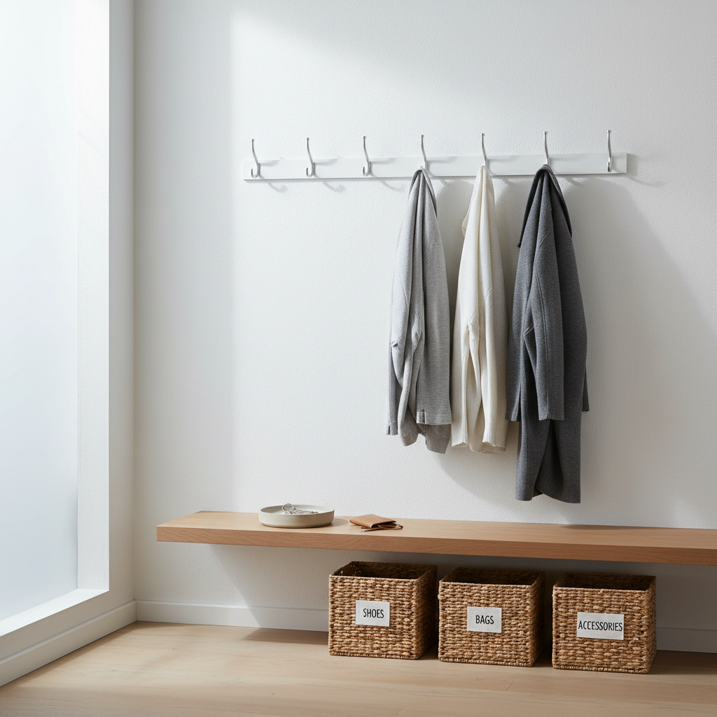 Minimalist entryway organization with labeled baskets and wall hooks