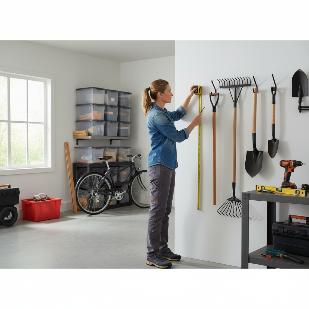 Homeowner measuring stud locations and spacing hooks for garden tools on a wall