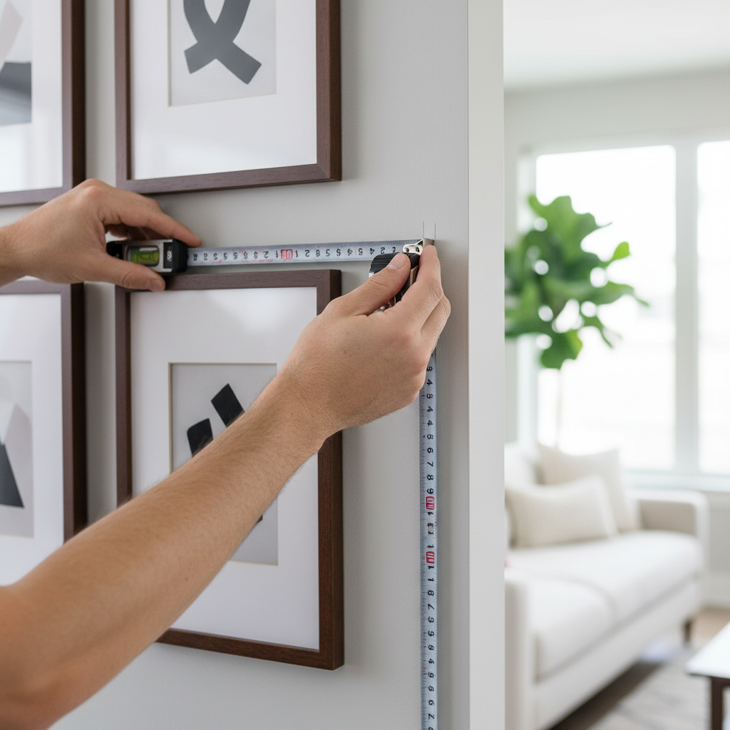 Hands using a level to hang framed photos in a wall gallery with consistent spacing