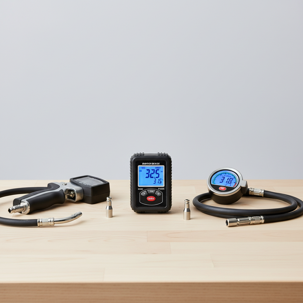 Comparison of different digital tire pressure gauges on a clean workbench