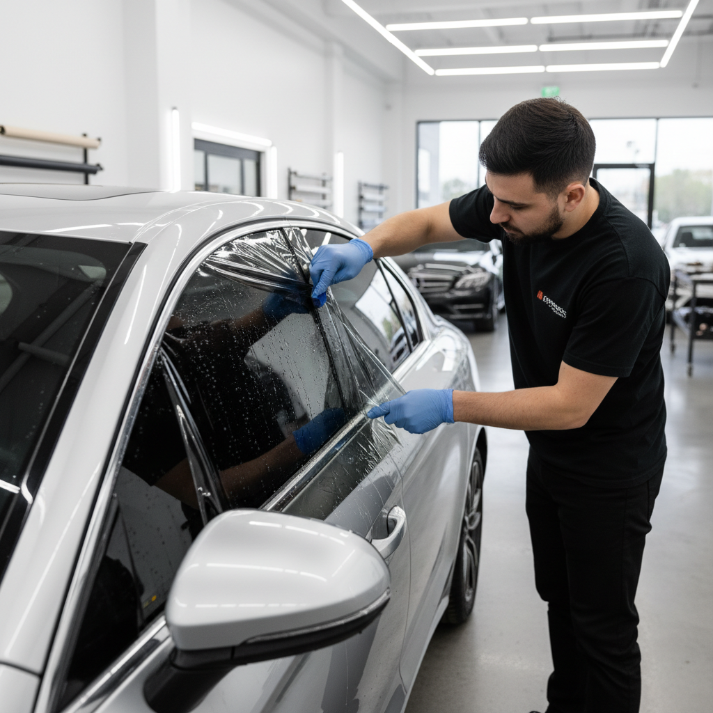 Window tint installer applying film to car side window in a professional shop