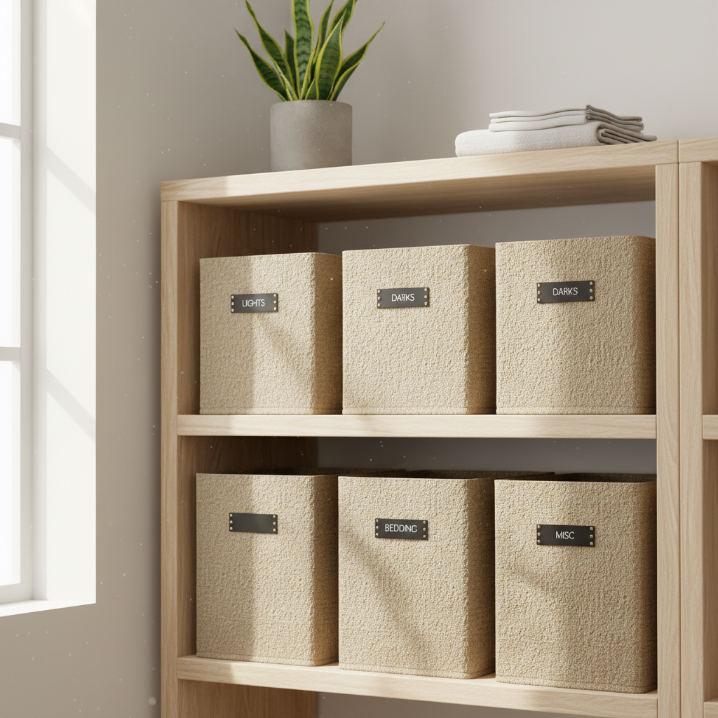 Organized laundry shelf with matching bins, minimal labels, and natural textures