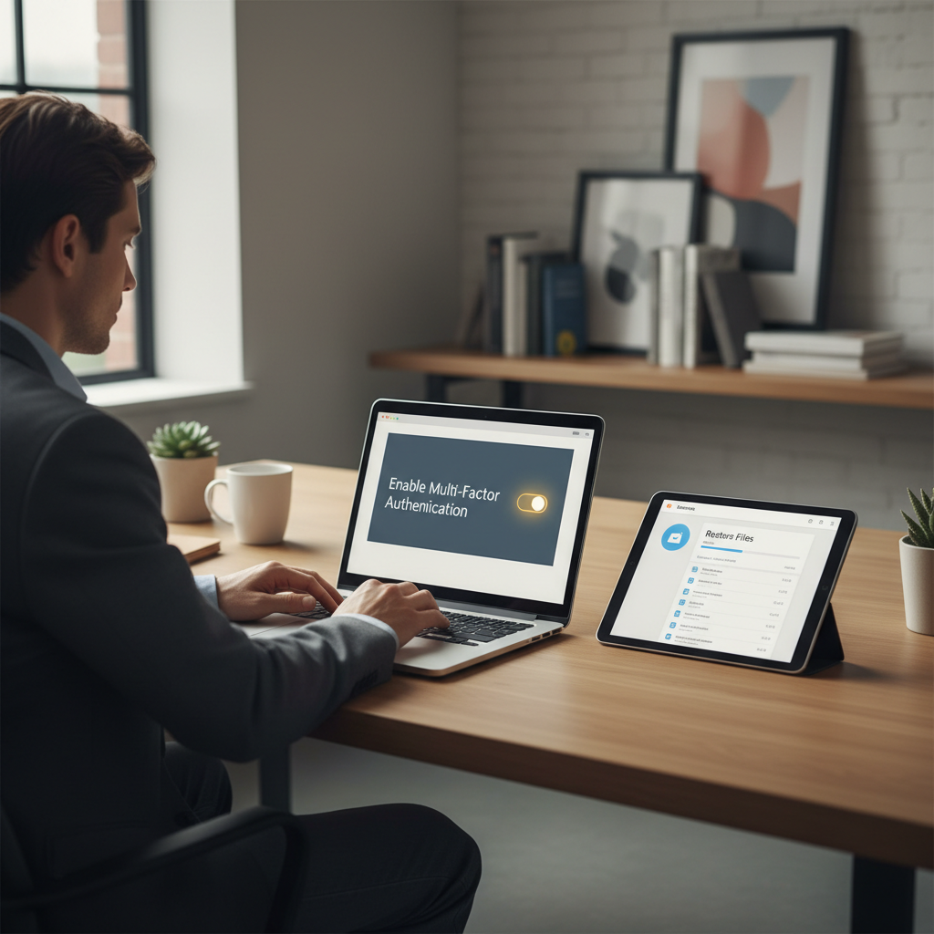 Person enabling multi-factor authentication and testing file restore in a cloud backup app