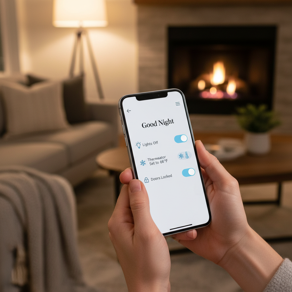 Phone screen showing a simple smart home routine for beginners: Good Night scene turning off lights and locking doors