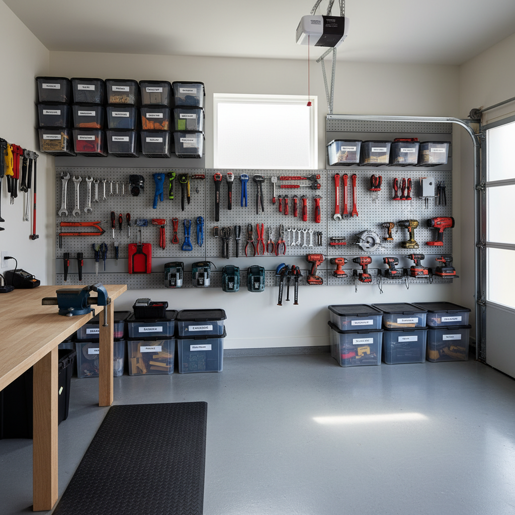 Organized garage wall storage with tools on a pegboard and labeled bins