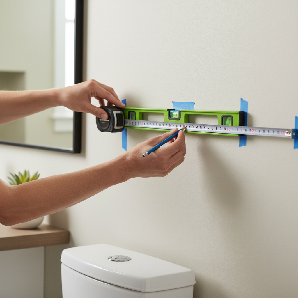 Measuring bathroom wall above toilet for floating shelf placement with tape measure and level