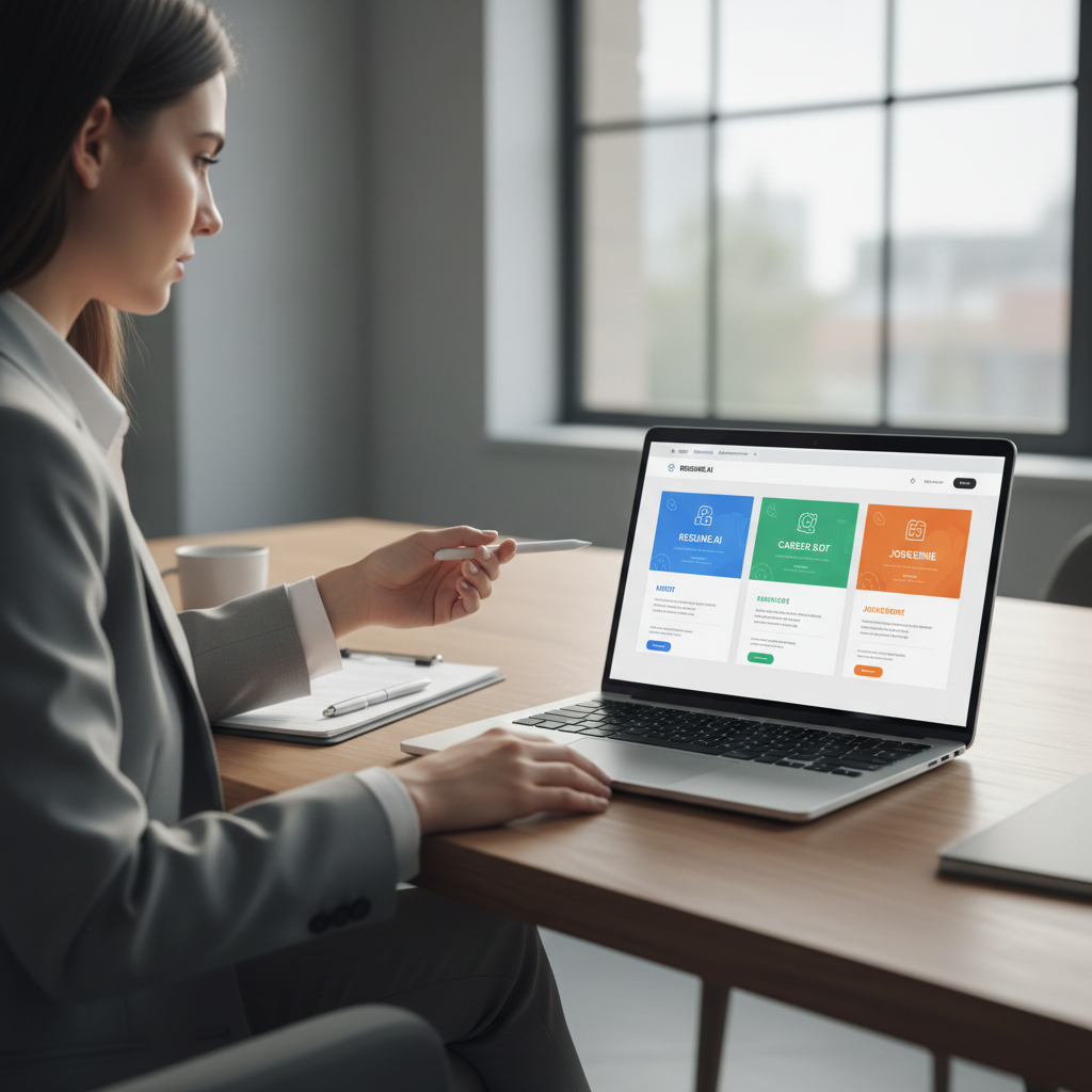 Job seeker comparing free AI resume builders on a laptop
