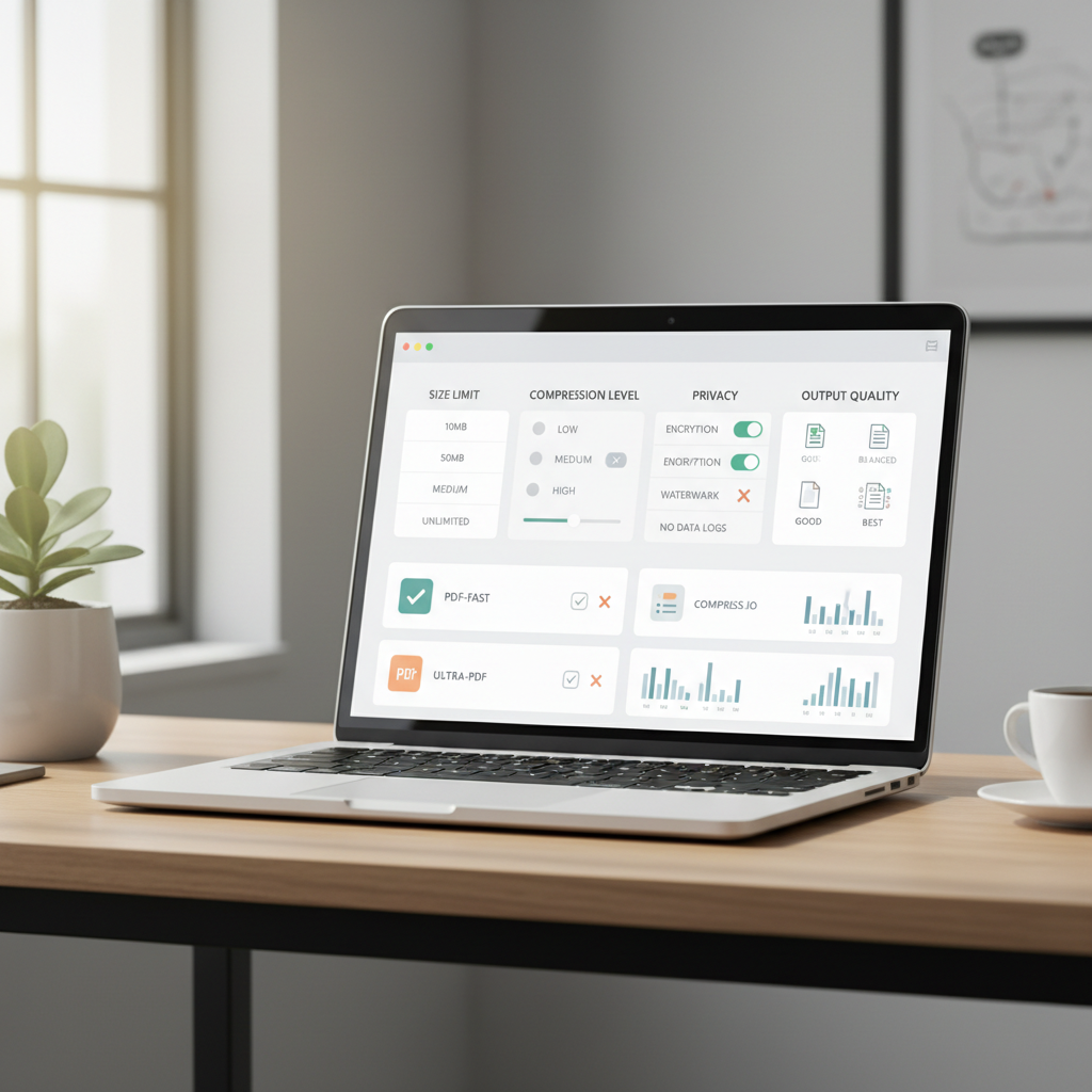 Comparing free online PDF compressors on a laptop for size limits and quality
