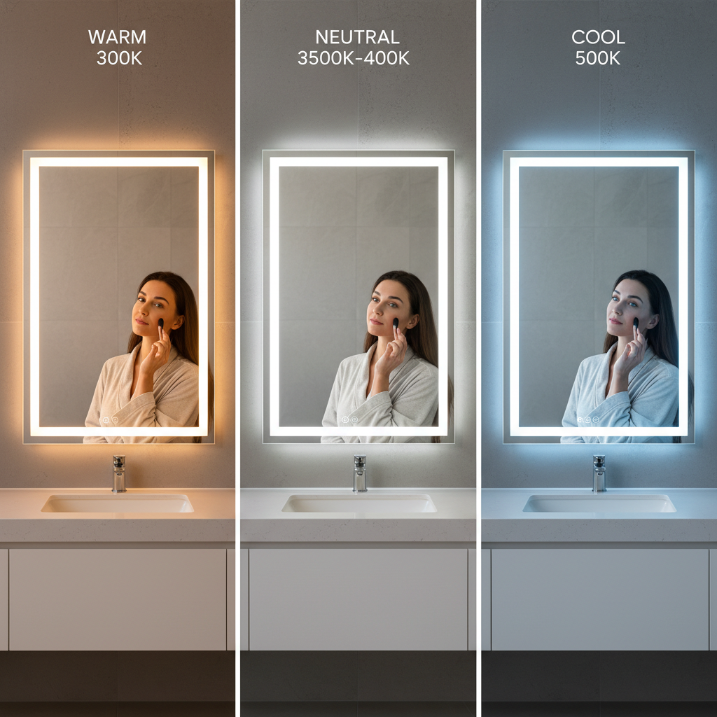Comparison of warm vs neutral vs cool LED vanity lighting on a bathroom mirror