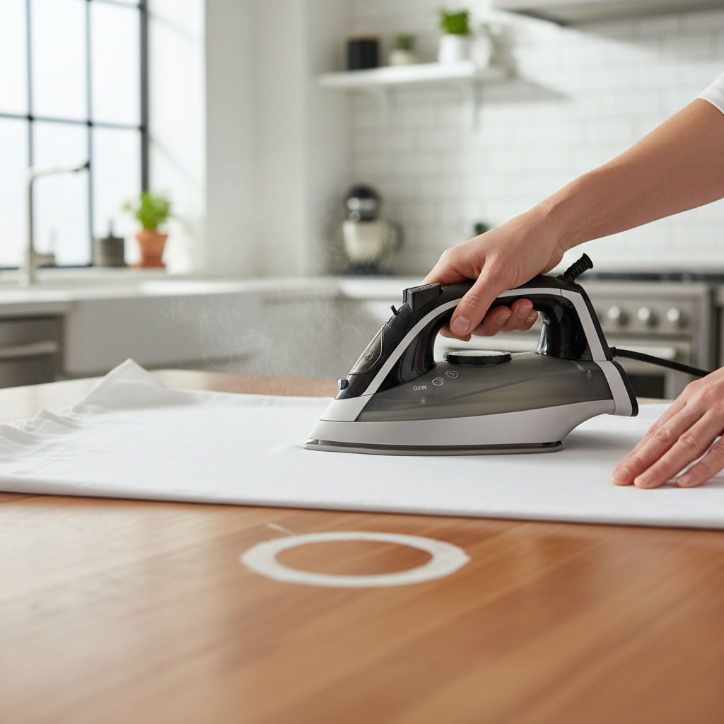 Using a warm iron over a cloth to remove a white water ring from wood furniture