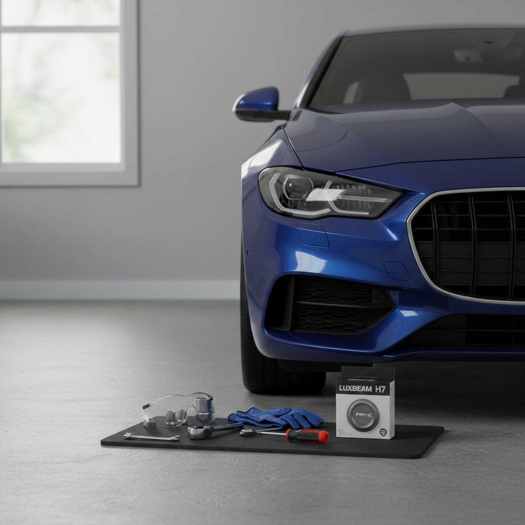 Halogen headlight bulb replacement tools and safety gloves next to a car