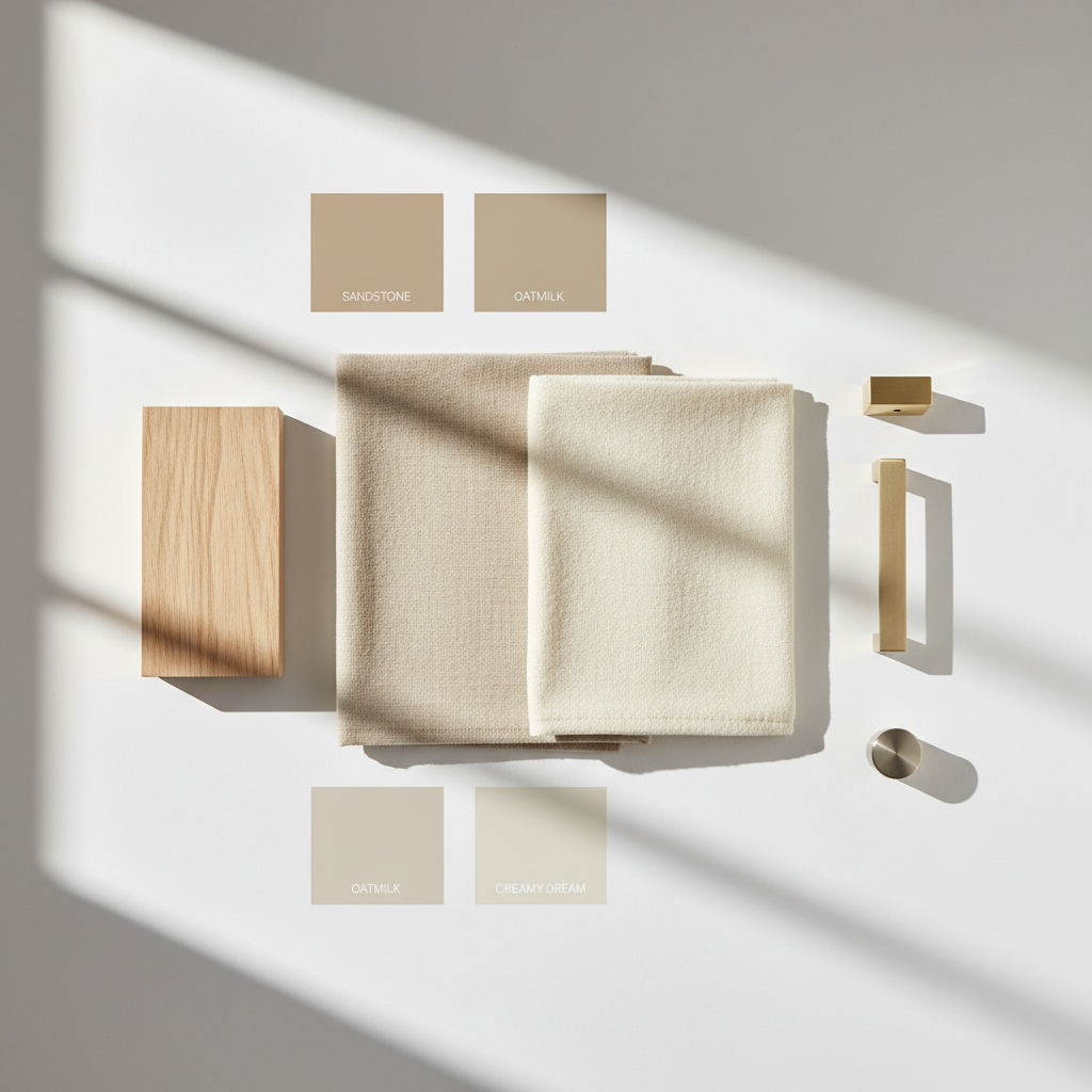 Minimalist bedroom color palette in warm neutrals with layered textiles