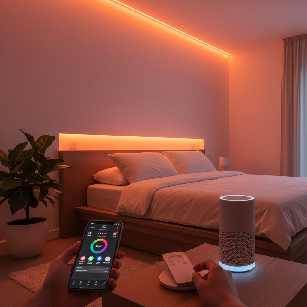 LED strip light controller options app remote voice assistant in bedroom setting