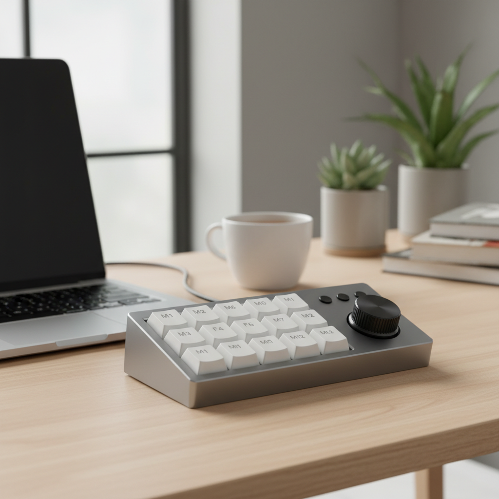 Budget mechanical keypad on a desk next to a laptop showing macro keys and a rotary knob