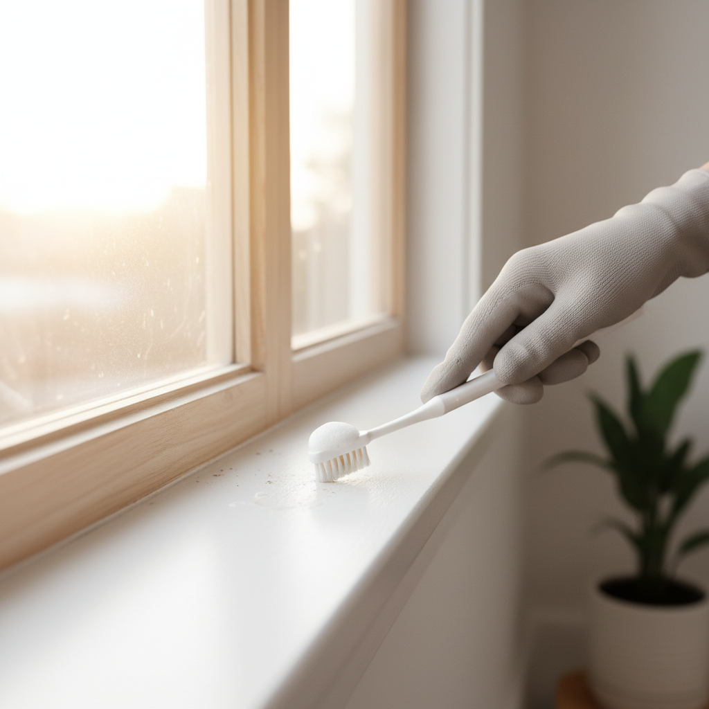 Hand scrubbing mold from a window sill corner with a soft brush