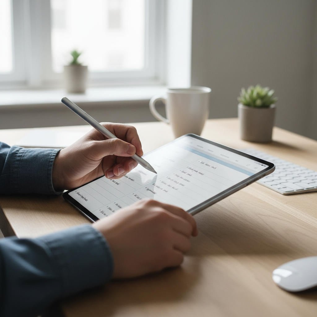 Hand testing palm rejection while taking notes with an active stylus on a tablet