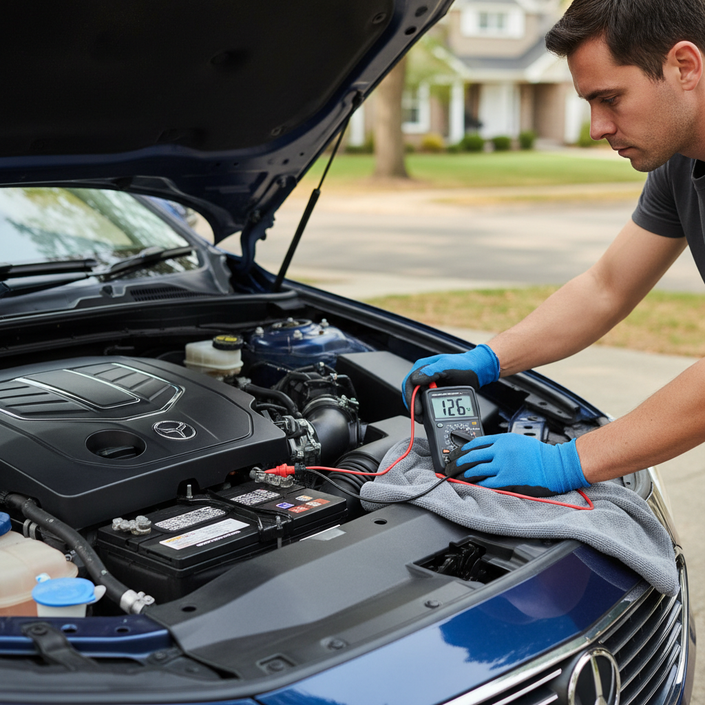 DIY alternator charging test with multimeter on car battery terminals
